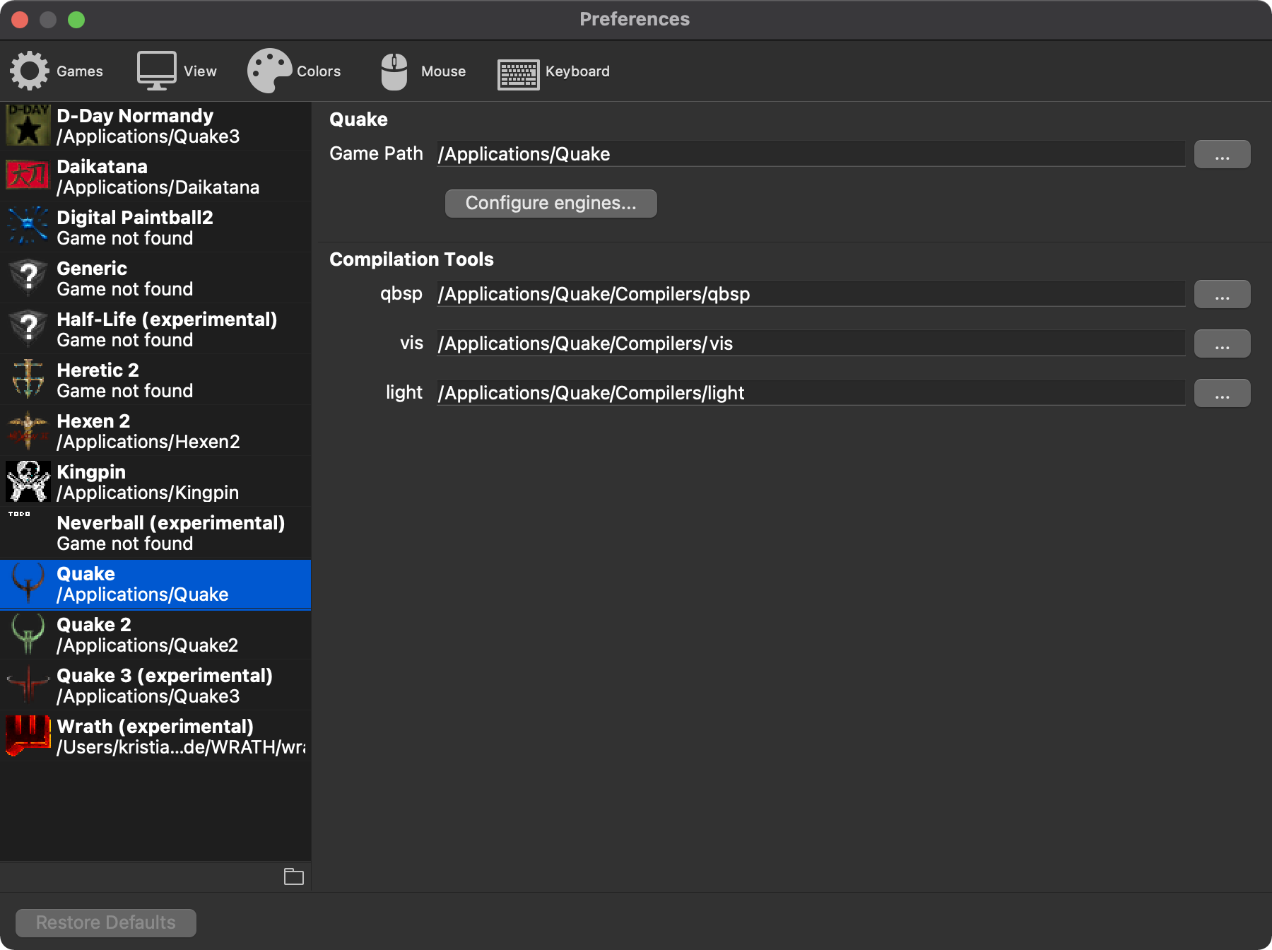游戏配置对话框（Mac OS X）